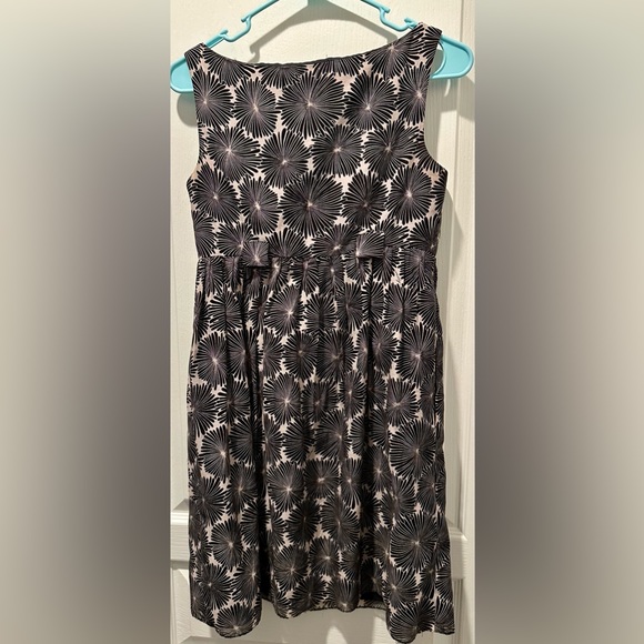 Milly of New York Sleeveless V-neck Silk Blend A-line Dress Black Floral on Tan - Picture 7 of 7